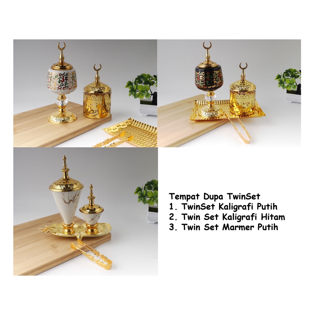 Tempat Bakar Dupa Twin Set Marmer Putih atau Mabkharah Manual Bahan Logam/Keramik