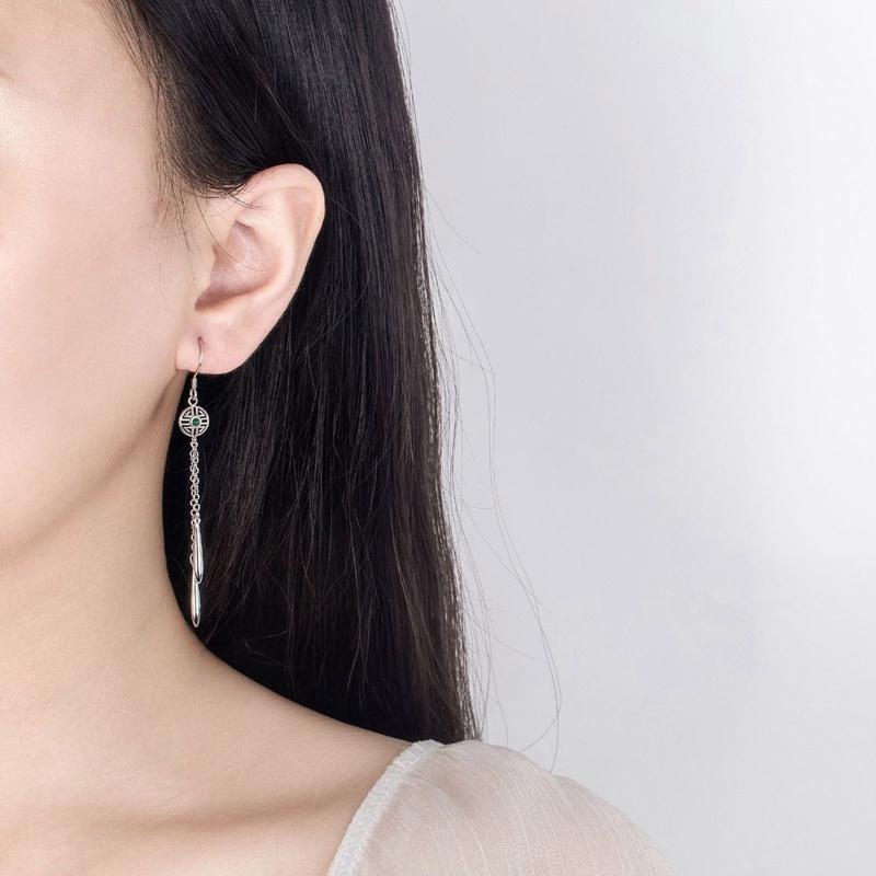 Anting Kait Rumbai Panjang Bentuk Segitiga Geometris Bahan 925 Silver Untuk Wanita