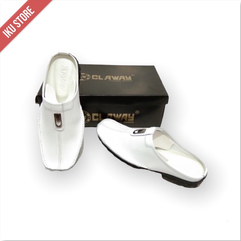 Sepatu sandal bustong pria putih kulit asli/sandal sepatu slop pria kulit