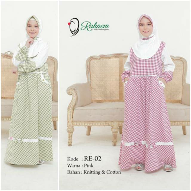 gamis anak rahnem re 02 / baju muslim anak / gamis anak kotak kotak / gamis plus jilbab