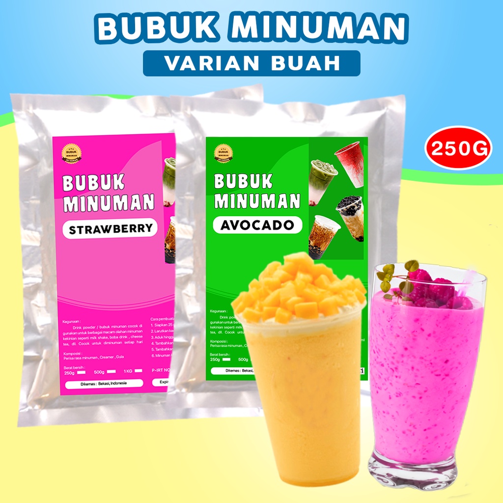 BUBUK MINUMAN RASA BUAH 250G / BUBUK MINUMAN BOBA 250G / SERBUK MINUMAN ANEKA RASA 250G / BUBUK MINUMAN KEKINIAN 250G / SERBUK MINUMAN BOBA 250G / POWDER DRINK