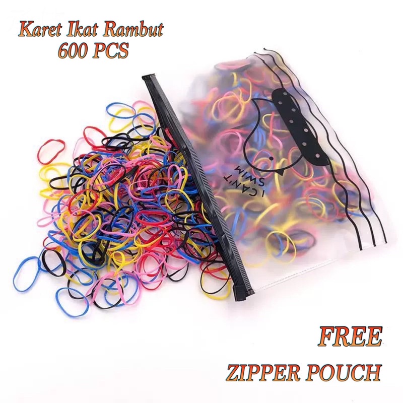 KARET IKAT RAMBUT JEPANG SEKALI PAKE ISI 600PCS FREE POUCH / KARET IKAT RAMBUT ANAK JRW0119