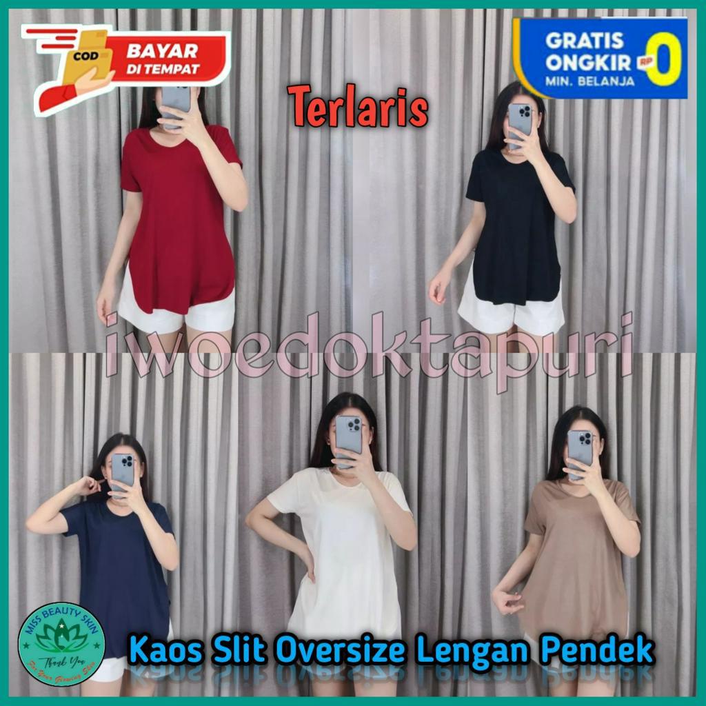 IWD Kaos Tshirt Wanita Polos Lengan Pendek Oversize Slit OS3295 Warna Hitam Putih Pink Merah Coklat 