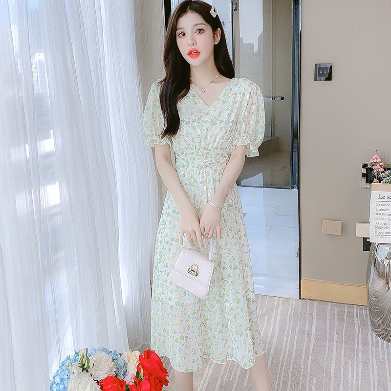 2022 New Fashion Korean Style Chiffon Green Floral Print Casual Party Midi Dress Summer Short Sleeve Women V-neck Dresses Wanita Putih 2023t