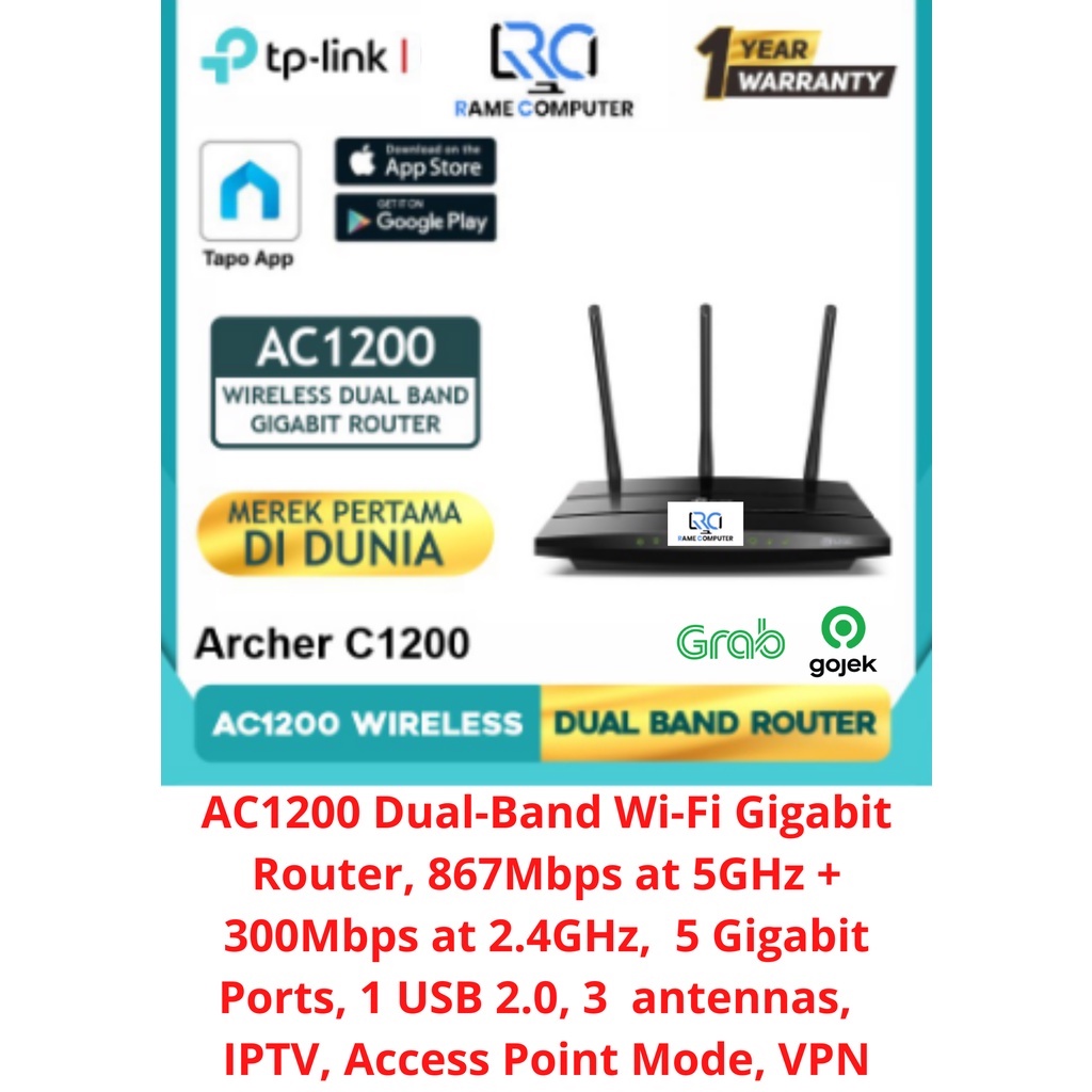 TP-LINK Archer C1200 AC1200 Dual-Band Wi-Fi Gigabit Router 5 Gigabit Ports 1 USB 2.0 3 antenna