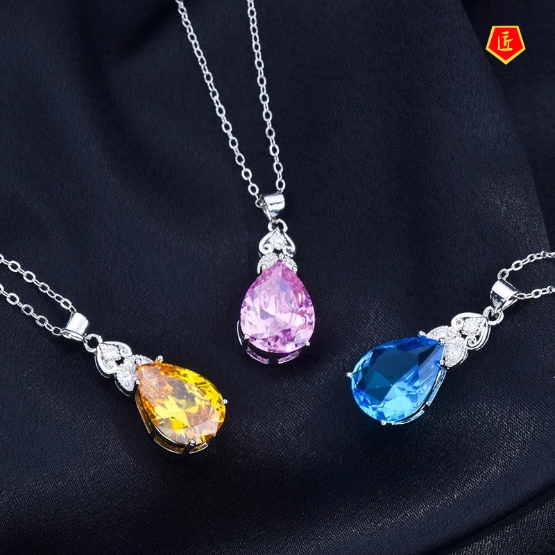 [Ready Stock]Refined Grace Crystal Inlaid Pink Diamond Water Drop Pear-Shaped Pendant