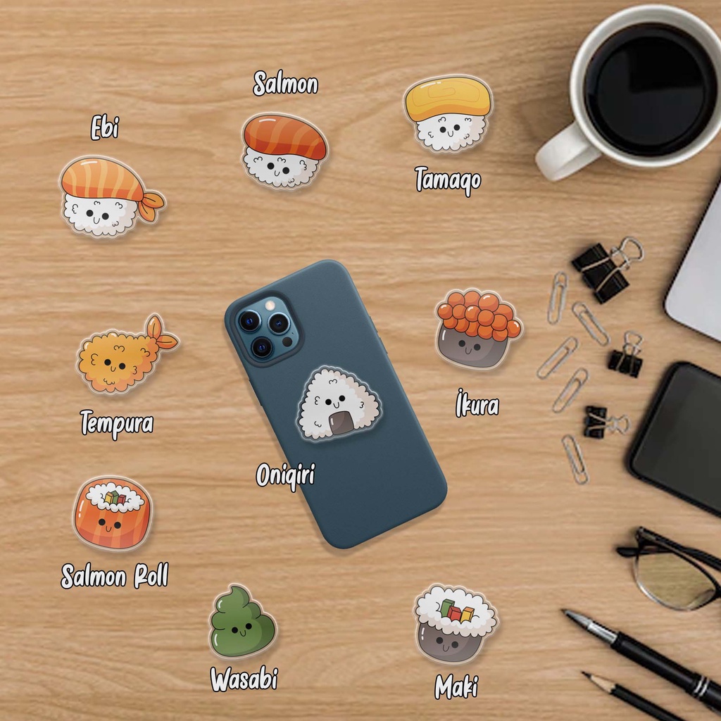 [POPSOCKET] Griptok kaca akrilik 2d sushi ebi salmon tamago tempura onigiri ikura salmon roll wasabi