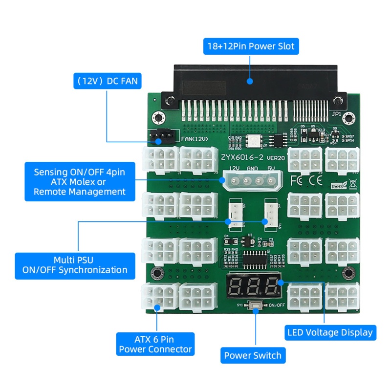 Btsg Server PSU Power Supply Breakout Board Adapter 2000W 16port ATX 6pin Untuk Dell