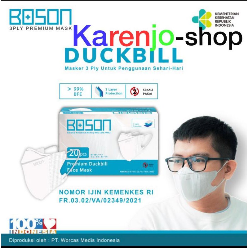 Boson Masker Duckbill 3Ply isi 20 Pcs - Premium Duckbill Mask - Putih