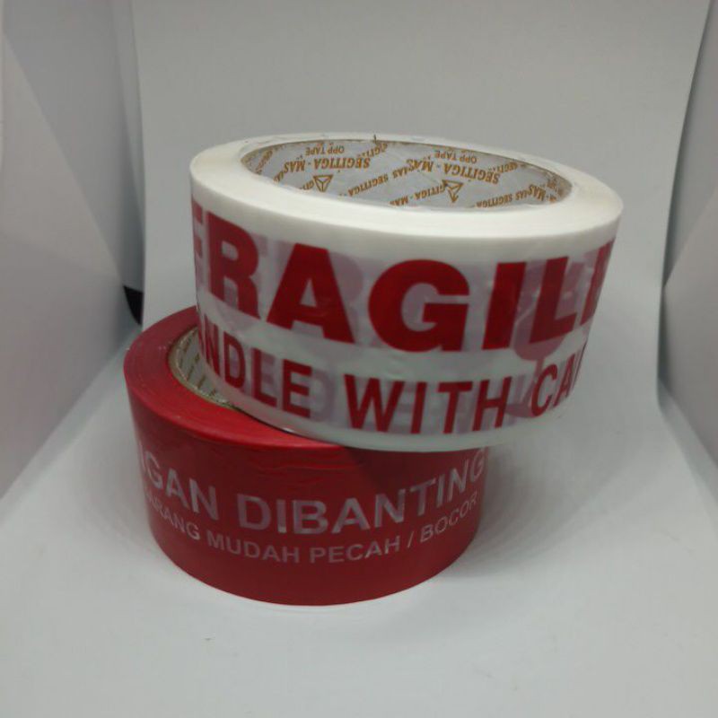 

1 pcs | Lakban FRAGILE PUTIH dan FRAGILE MERAH 48mm x 90 yard x 50 mc OPP Tape merk Segitiga Mas