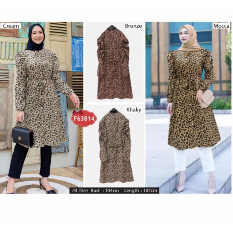 tunik leopard lengan balon tali pinggang