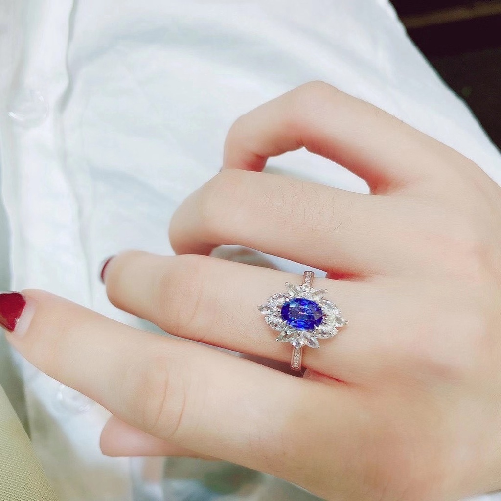 perak asli 925 cincin Wanita Batu Permata Biru Cincin yang dapat disesuaikan Perhiasan Fashion CCB89