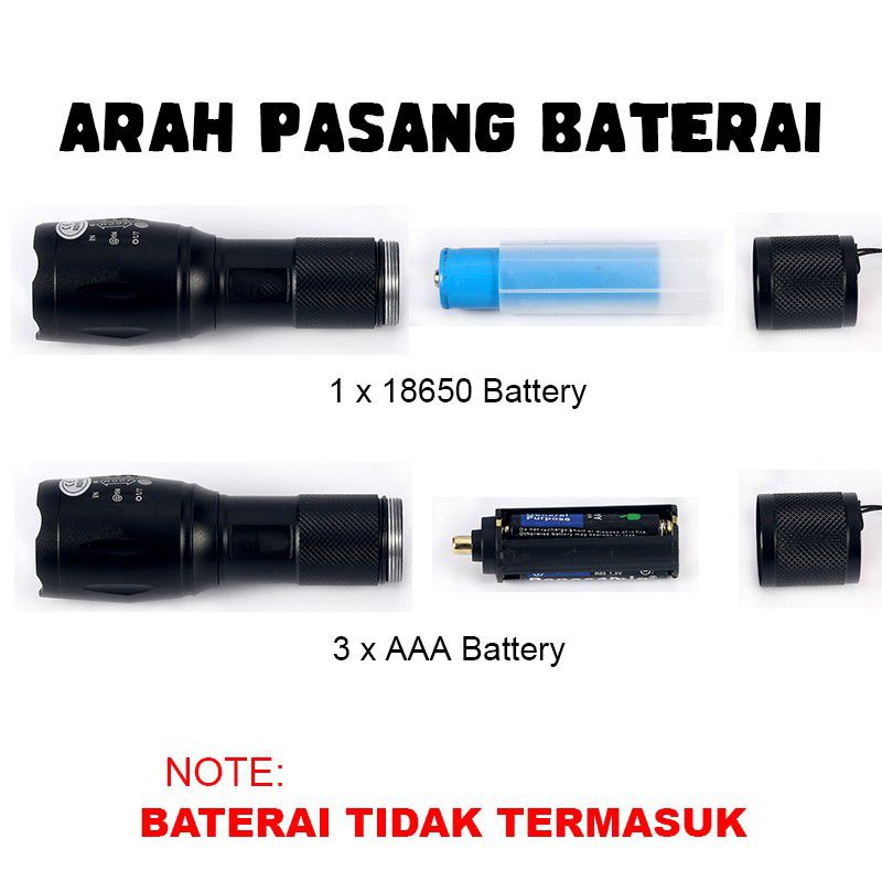 PAKET Senter LED Tactical CREEL PN2/XRB 008 T6 1000wat  cahaya putih SWAT kotak hijau