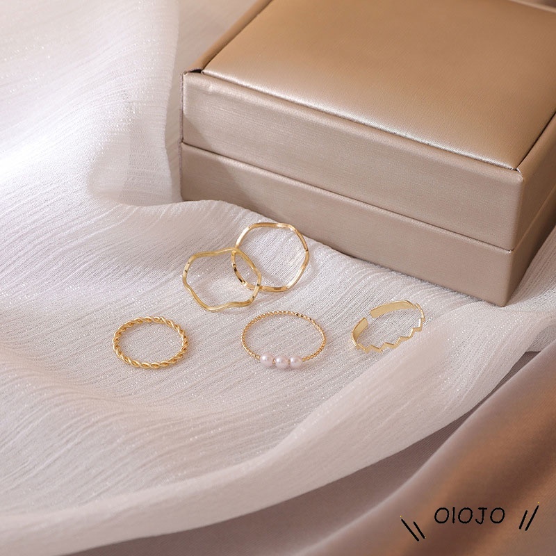 【COD】5pcs / Set Cincin Mutiara Geometris Gaya Korea Untuk Aksesoris Wanita