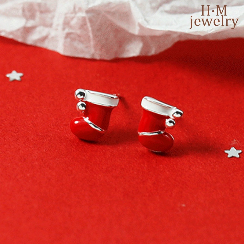 Anting Tusuk Sterling Silver 925 Desain Kaos Kaki Natal Warna Merah Untuk Wanita
