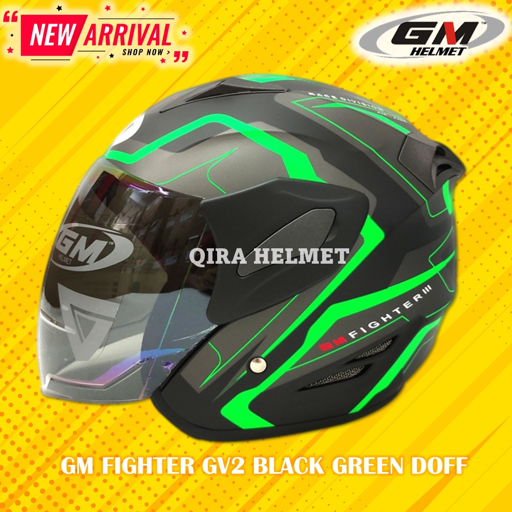 Helm GM Fighter GV2 Black Green Doff Half Face Motor SNI Helem Dewasa Pria Wanita Helmet Original