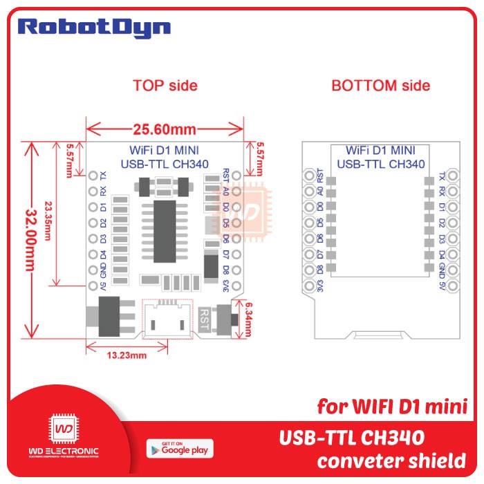 RobotDyn USB TTL CH340 converter shield for WIFI D1 mini like USB TTL Wemos D1 mini