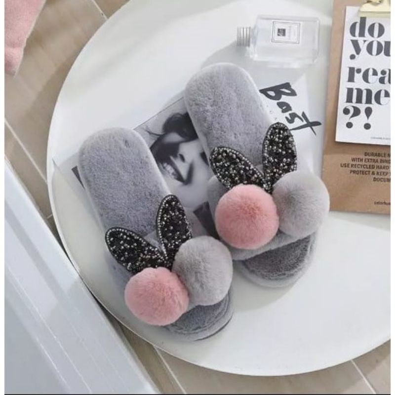 Sandal Wanita Sandal Korea Kokop Bulu Pom-pom Kelinci 36/40