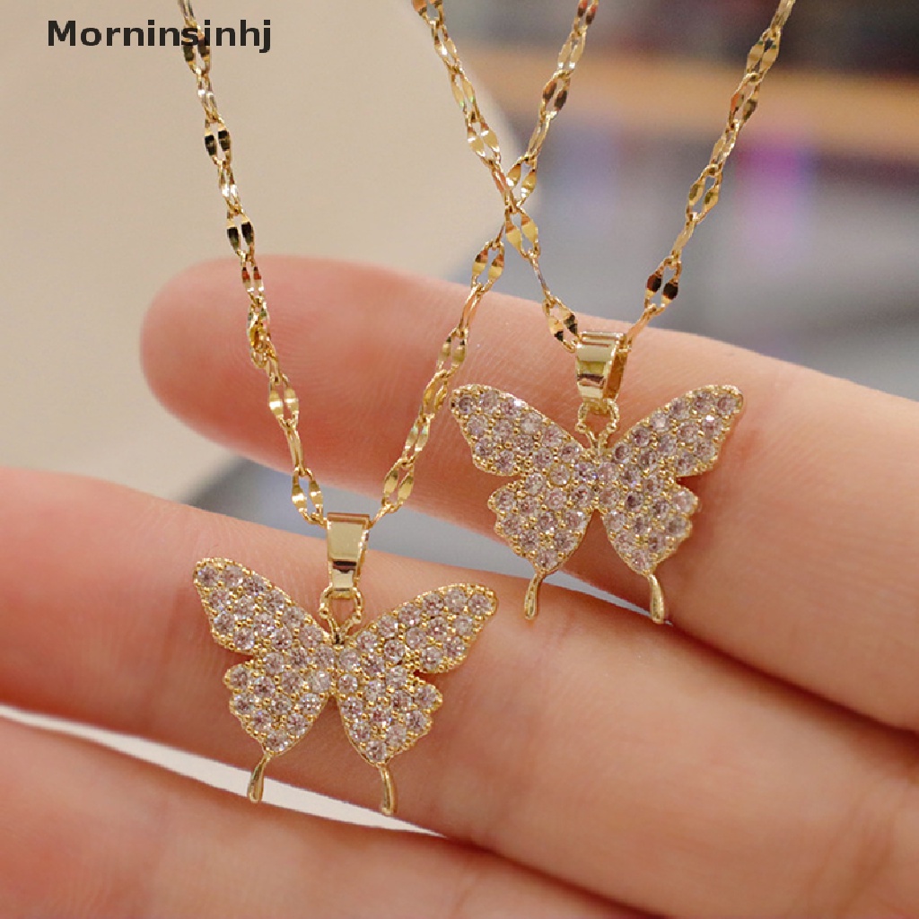 Kalung Rantai Liontin Butterfly Warna Emas Bahan Stainless steel Gaya Korea Untuk Wanita