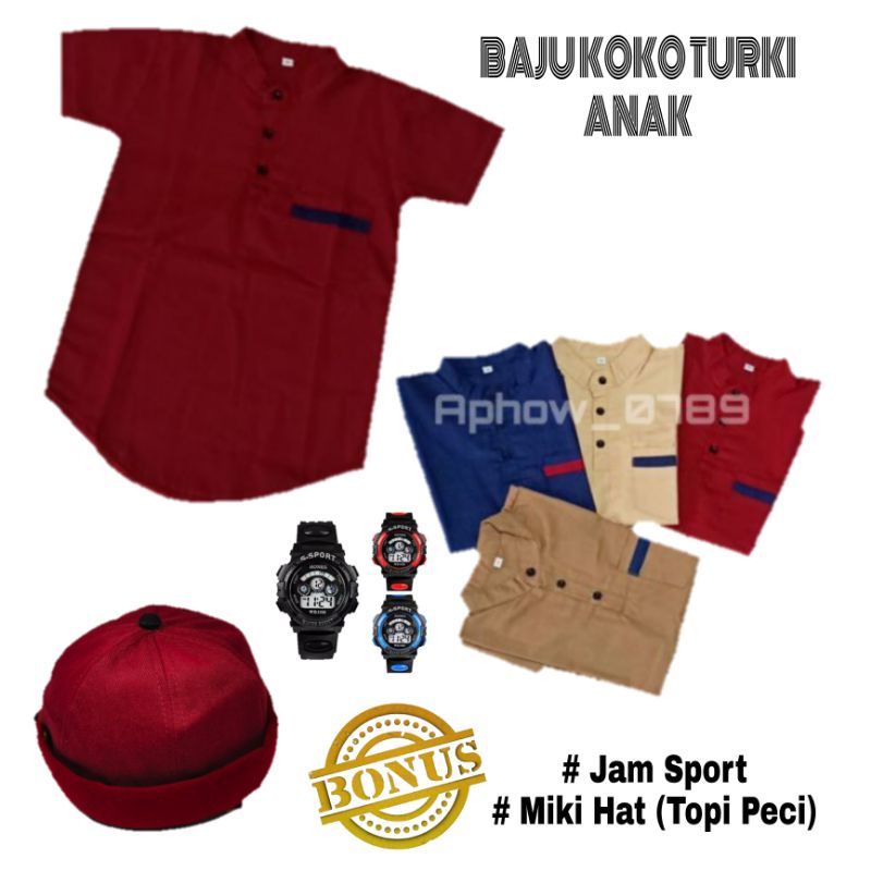 PAKET 3IN1 BAJU KOKO ANAK / FREE JAM TANGAN &amp; PECI ANAK / Pakaian Muslim anak