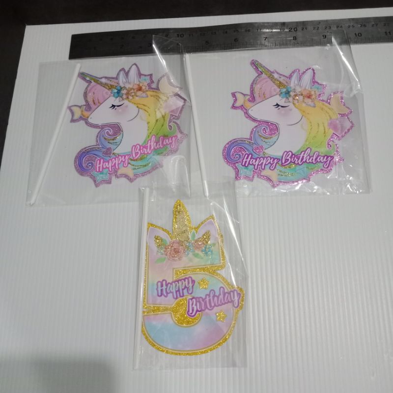topper kertas unicorn happy birthday , topper kupu gliter