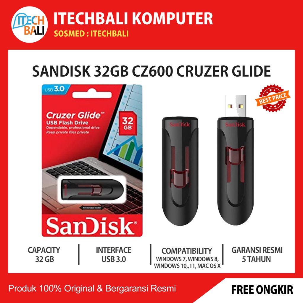 Flashdisk SANDISK 32GB CZ600 Cruzer Glide USB 3.0 | ITECHBALI