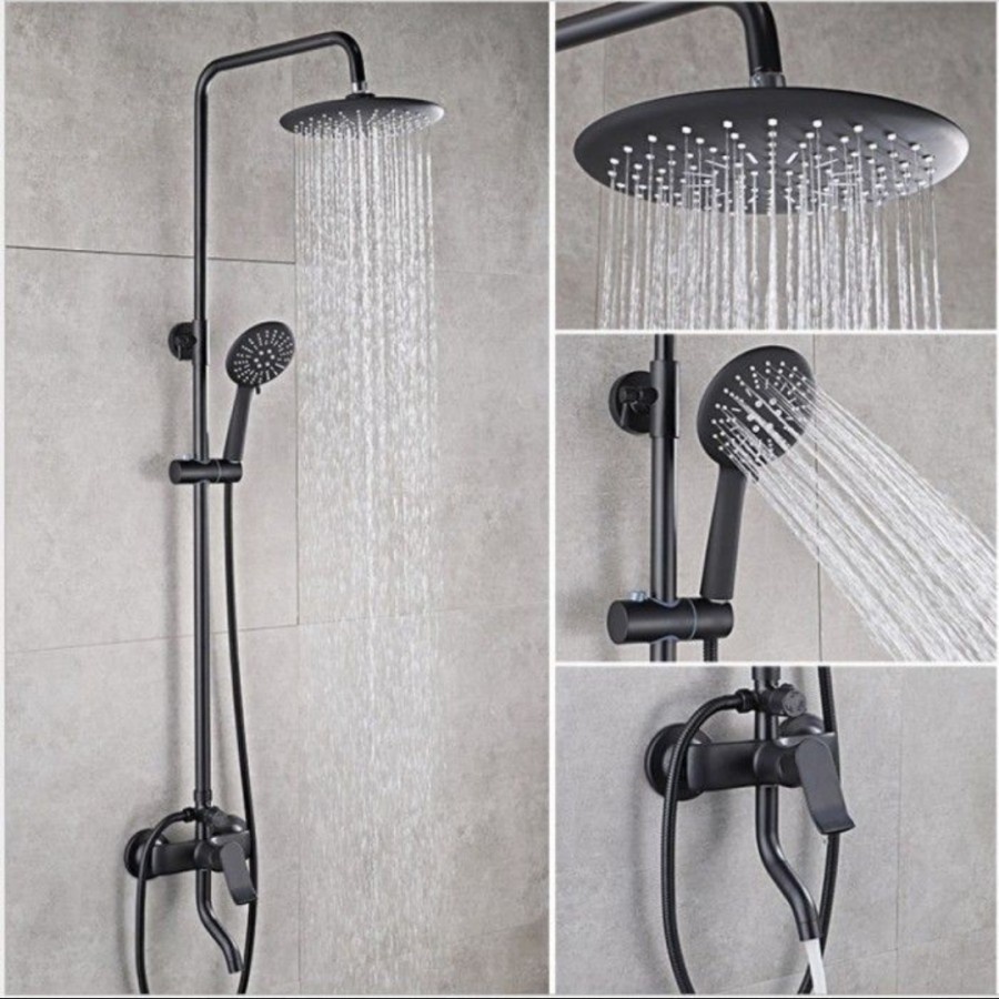 Rainfall Shower Tiang Set Black 3in1 Bulat H08 - Shower coloumn kolum Shower Tiang hitam stainless panas dingin mixer  minimalis murah