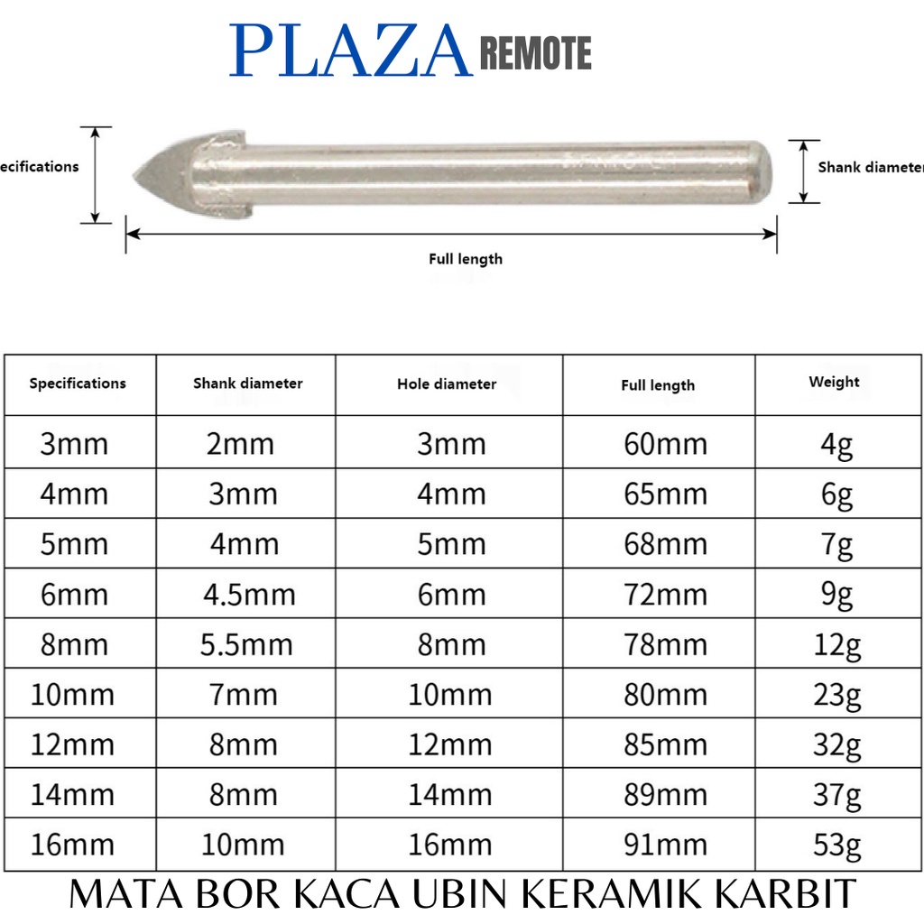 12 MM MATA BOR TOMBAK KACA KERAMIK GRANIT POSELEN SEGITIGA