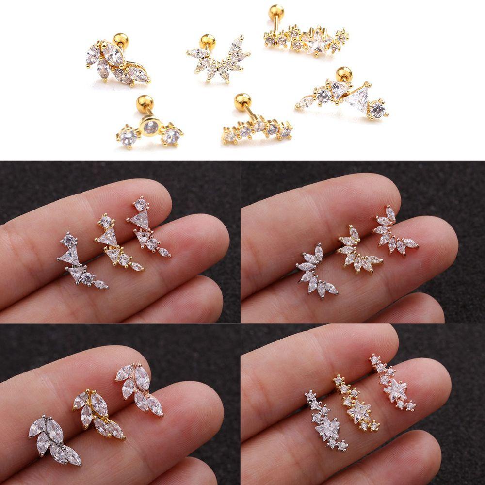 Lily 1PC Anting Tindik Rose Gold Silver Emas Sekrup Belakang Bintang Daun Stainless Steel