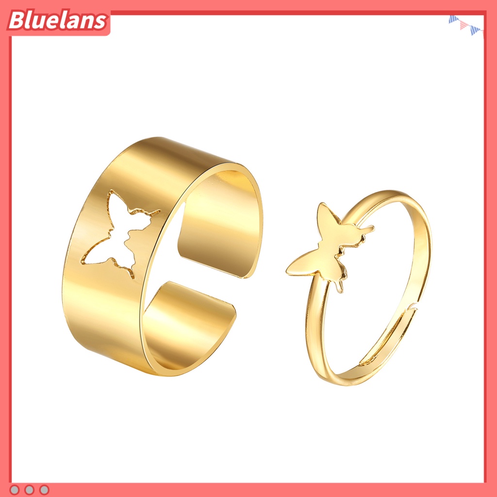 Bluelans 2Pcs Butterfly Opening Alloy Wide Thin Hollow Couple Rings Finger Rings