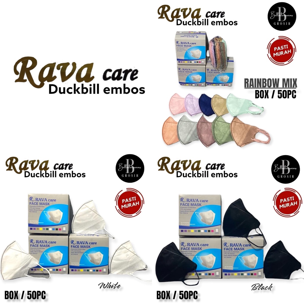 RAVA CARE - MASKER DUCKBILL RAVA EMBOS HITAM PUTIH RAINBOW MIX BOX ISI 50 PC