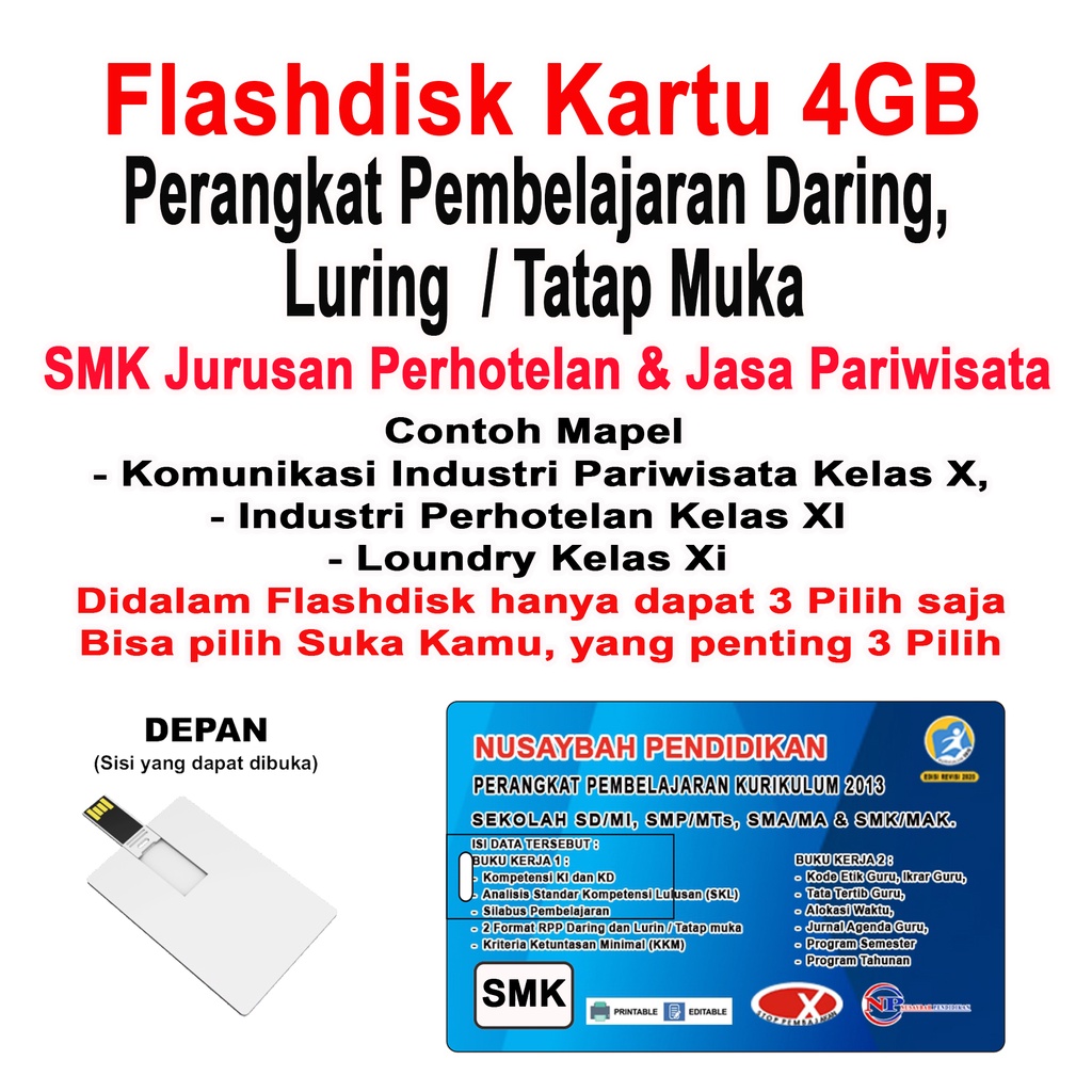 PERANGKAT PEMBELAJARAN DARING DAN LURING/TATAP MUKA, SMK JURUSAN TKJ, TATA BOGA, PERHOTELAN, 2SEMESTER,(KARTU FLASHDISK 4GB)