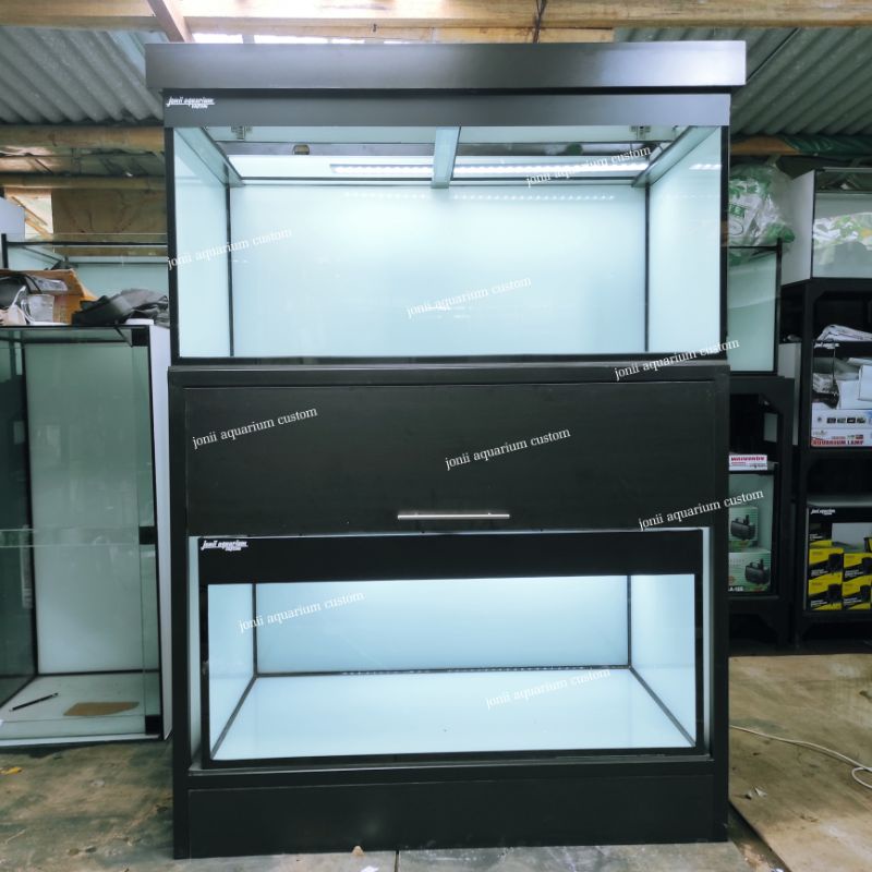 aquarium kabinet 120x60x50 10mm 2 susun full stiker putih