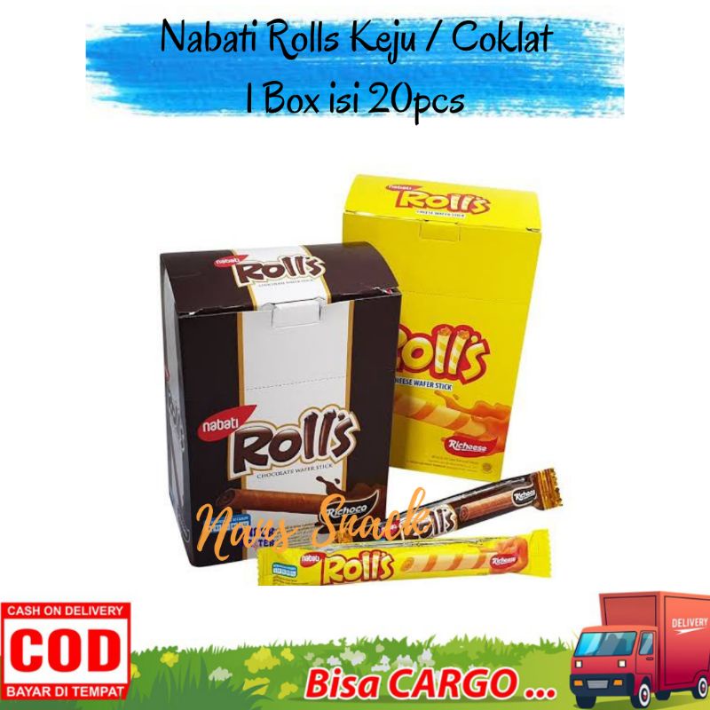 Nabati Rolls Coklat / Keju Richeese 1 Box Isi 20 pcs - Wafer Rolls Nabati - Nabati Wafer roll isi 20pcs - Snack Rentengan - Jajan rencengan - Snack kekinian - Snack 500an - Jajajan Anak