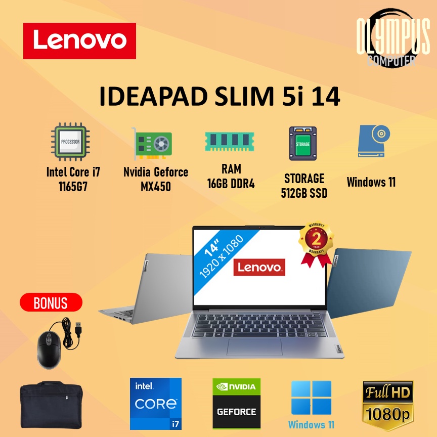 LAPTOP LENOVO IDEAPAD SLIM 5i 14 MX450 i7 1165G7 16GB 512SSD W11+OHS FHD IPS