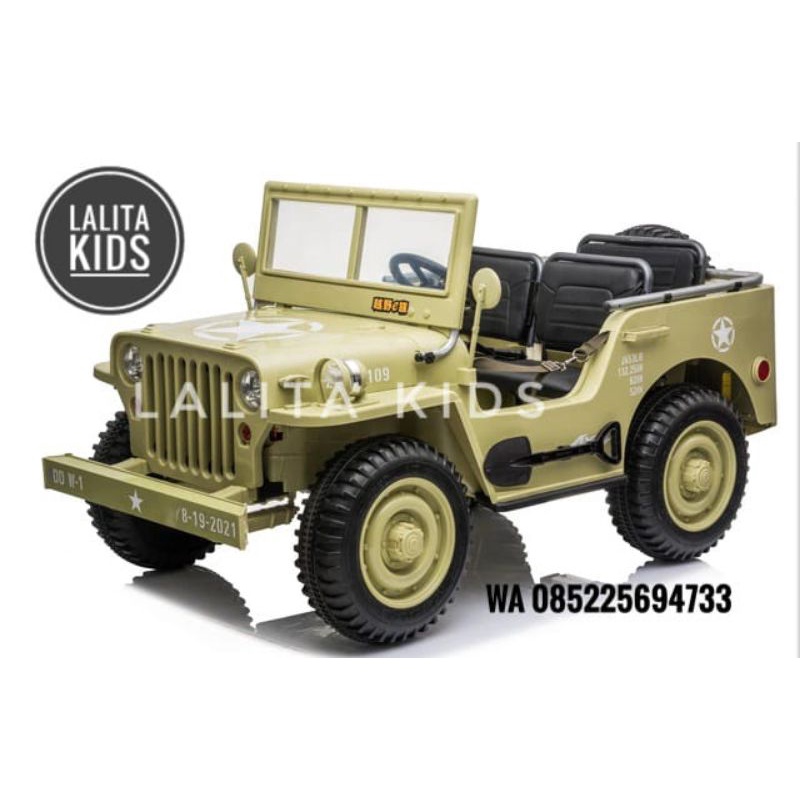 MOBIL AKI ANAK JEEP WILLYS 3 SEAT BAN  FULL KARET