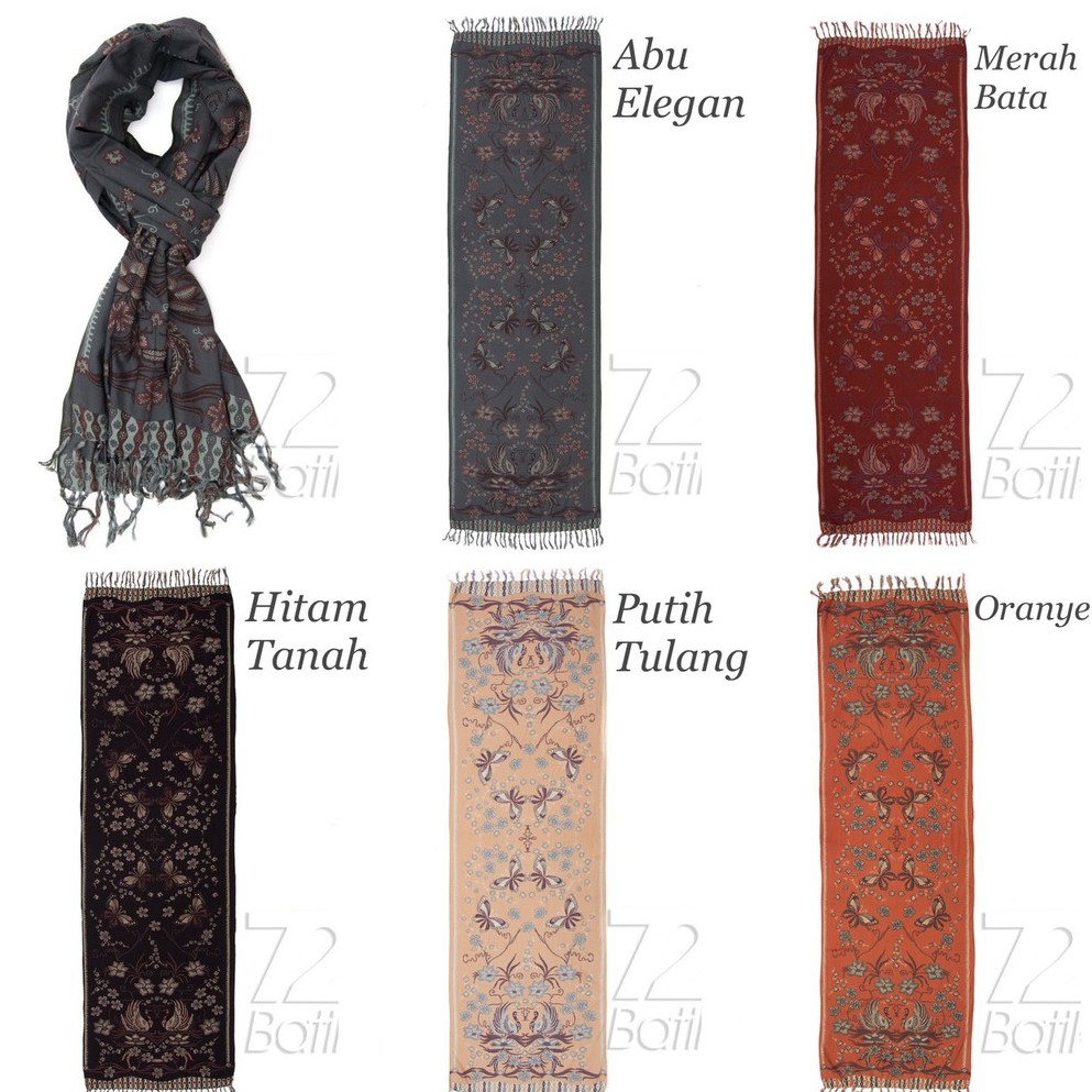 SYAL BATIK SCARF PASHMINA PREMIUM MOTIF ANGSA KUPU ABU SILVER HITAM ORANYE PASMINA 721518 CAP 72