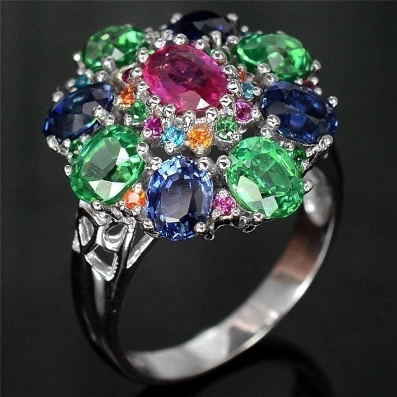 SeuSuk Fashion Floral Exquisite Colorful Oval Cut 6.88CT Tanzanite Diopside Ring