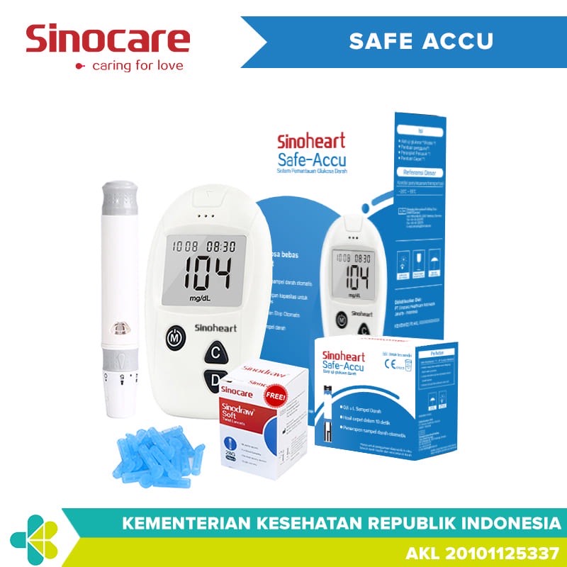 Sinocare Safe Accu Alat Cek Gula Darah | Paket Hemat Alat + Strip50pc + Lancet 50pc