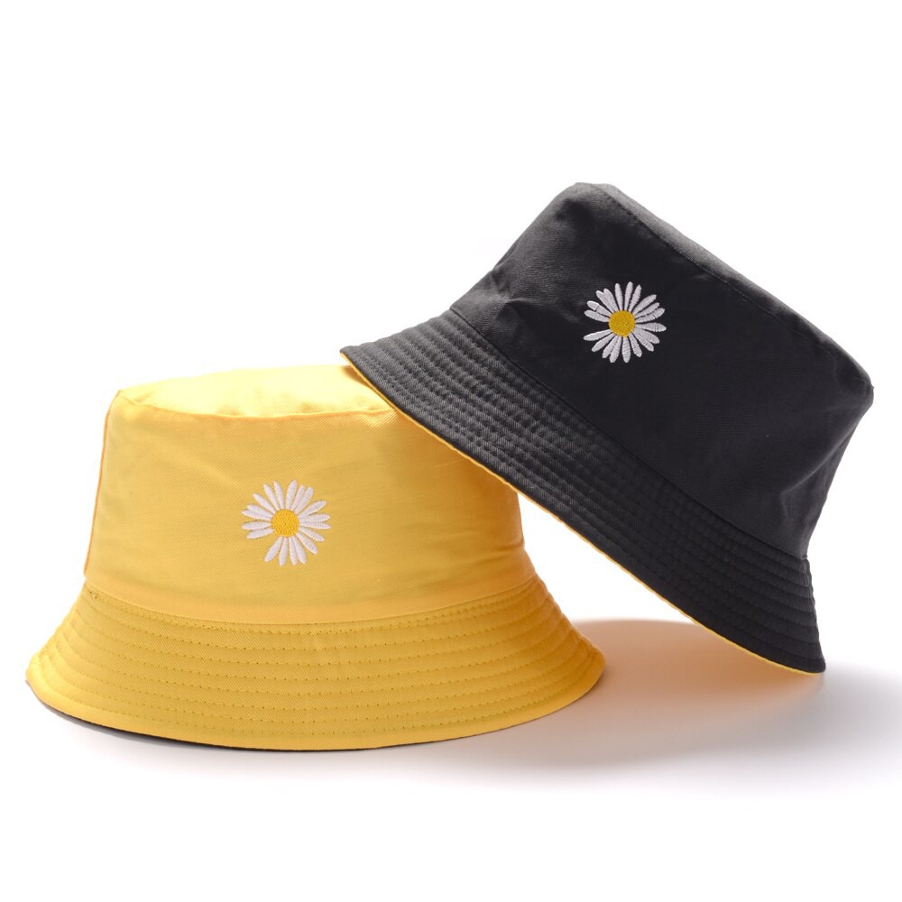 Topi Bucket Dua Sisi Anti Uv Motif Bordir Bunga Daisy Bahan Katun Twill / Bucket Bordir Bunga