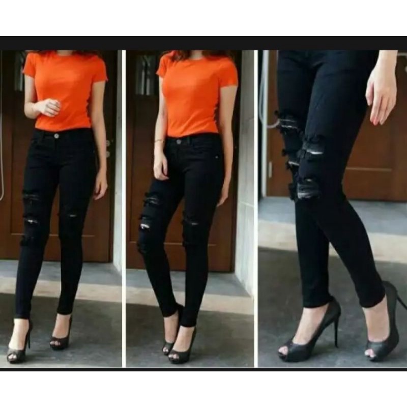 JEANS SOBEK PANJANG HITAM / CELANA PANJANG SOBEK WANITA