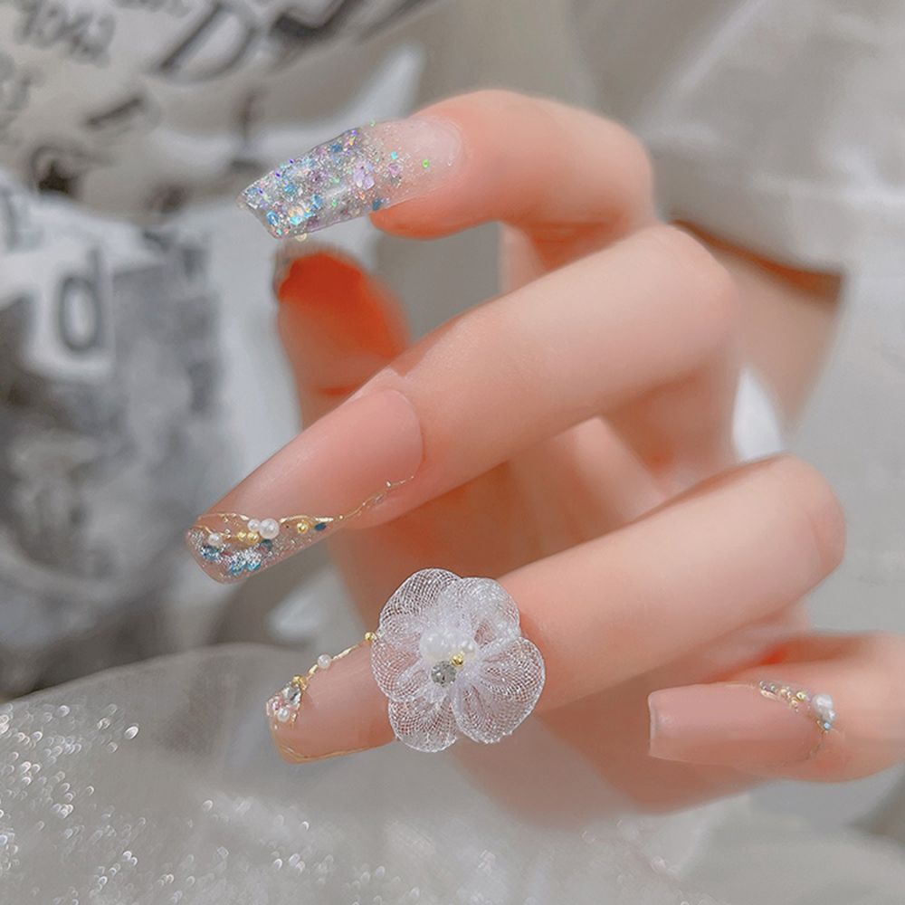 MXBEAUTY White Flower Nail Jewelry Charm DIY Nail Art Accessories 3D Nail Art Decorations Pearl Elegant Net Yarn Fairy Japanese Manicure