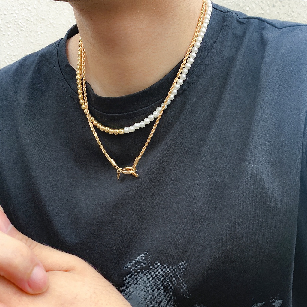 Kalung Mutiara Double layer Gaya Eropa Amerika Untuk Pria