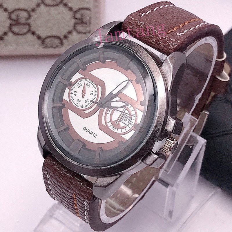 JAM TANGAN PRIA FASHION TALI KULIT FASHION TANGGAL CHRONO AKTIF WATCH JAM TANGAN PRIA M46