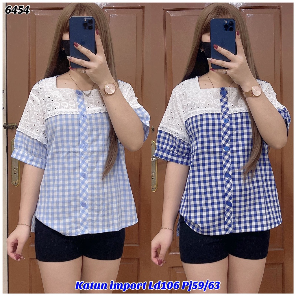 6454/EI BLOUSE WANITA KATUN KOTAK KOMBINASI BANGKOK