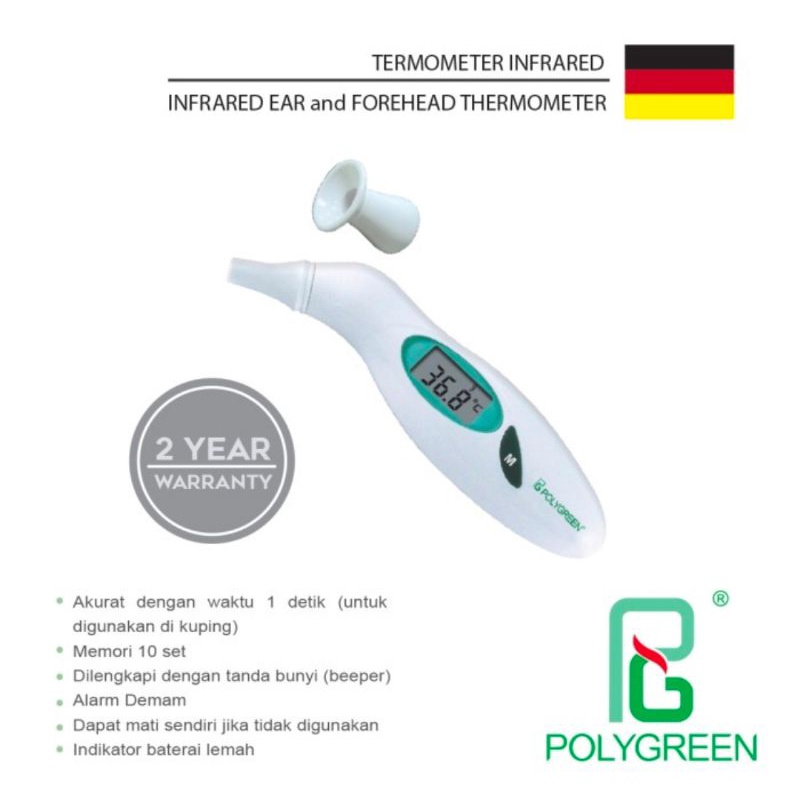 POLYGREEN - Termometer Infrared Telinga dan Dahi  2in1 - Thermometer Digital Infra Merah Original Polygreen KI8176