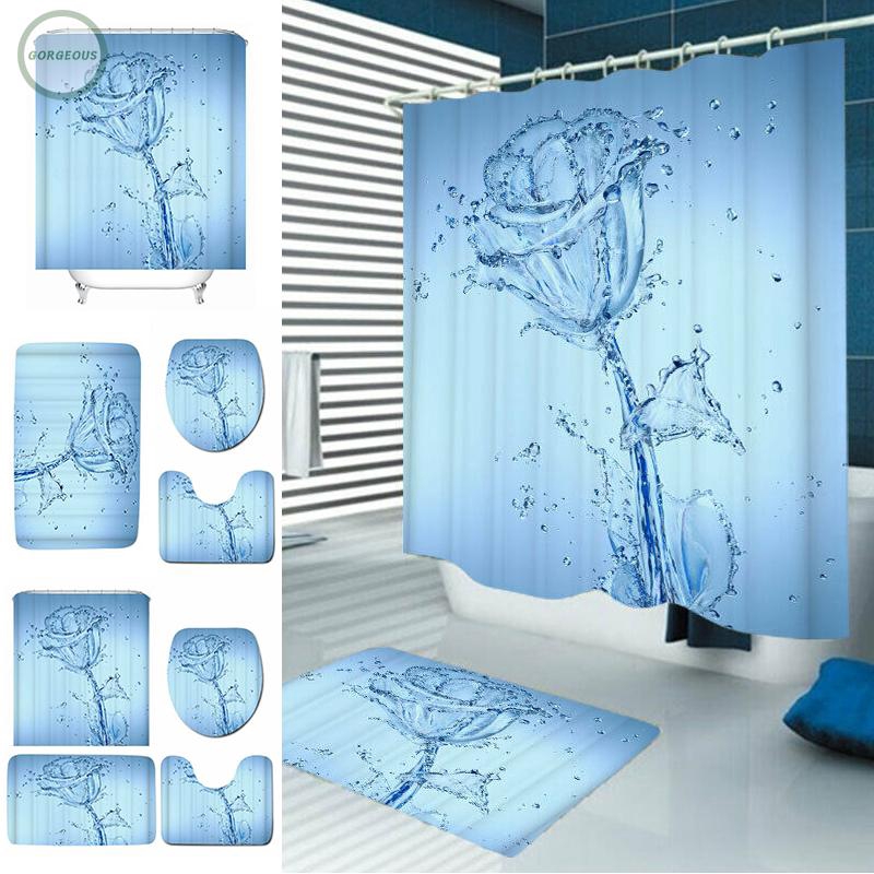 Shower Curtain With Hooks Blue Rose Flower Cover Rugs Bathroom Comfortable Polyester Fiber Shopee Indonesia