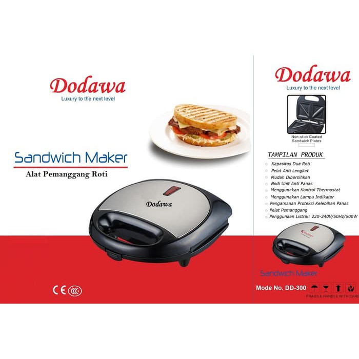Dodawa DD-300 Pemanggang Roti Sandwich Hitam 2 Slot