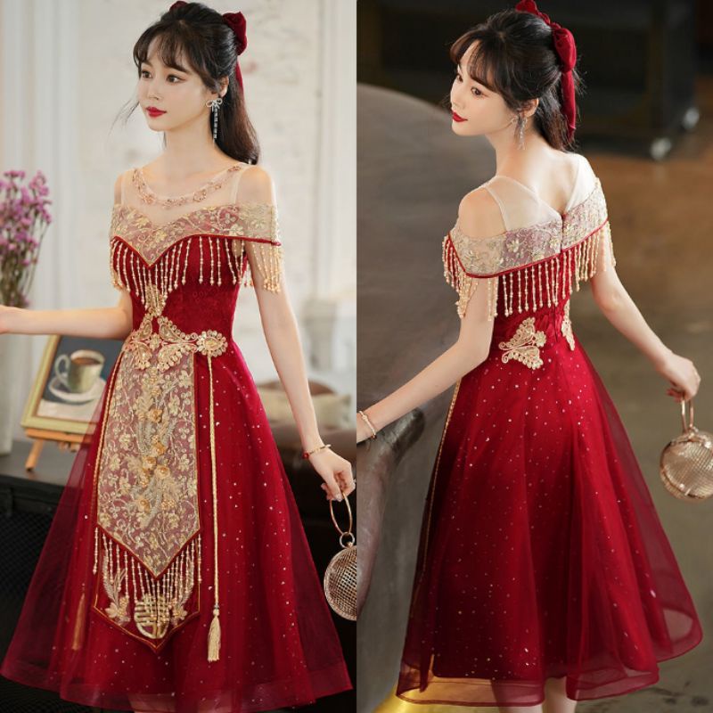 ND-42 S-3XL Custom size Gaun pesta impor dress pesta gaun maroon gold dress sangjit gaun sangjit