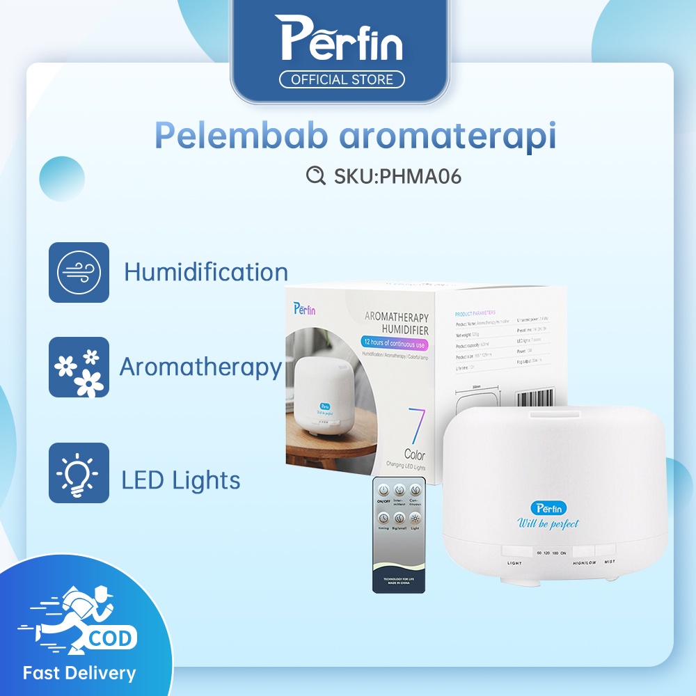 Perfin PHMA06 Humidifier Diffuser Aromaterapi  Air Purifier Putih Ultrasonic Aroma Terapi Aromaterapy Essential oil Difuser RGB 500ML